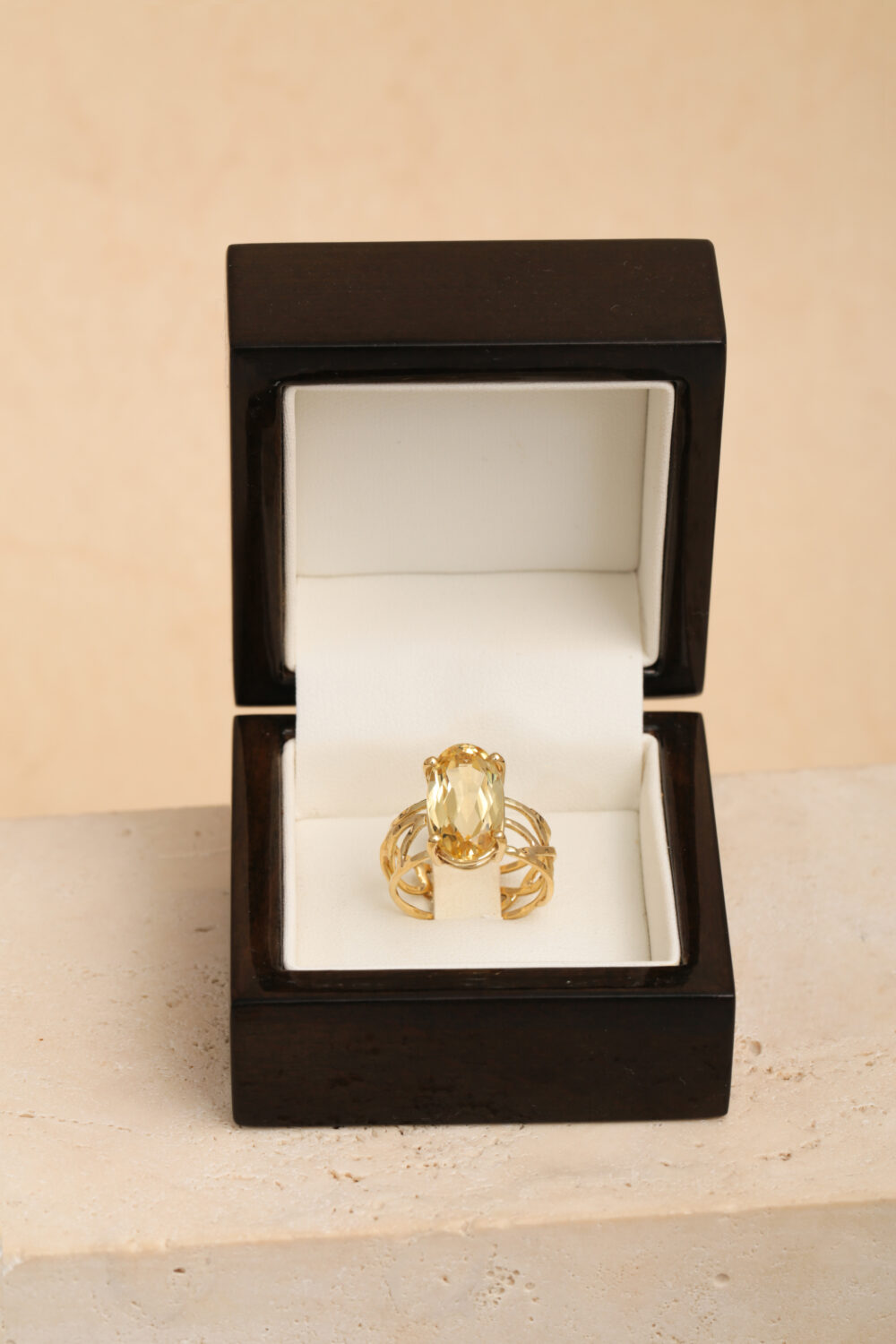 Ring in yellow gold set with an oval cut, light yellow Citrine gemstone. All our jewellery is handmade by Pascale Masselis in our Antwerp based atelier.