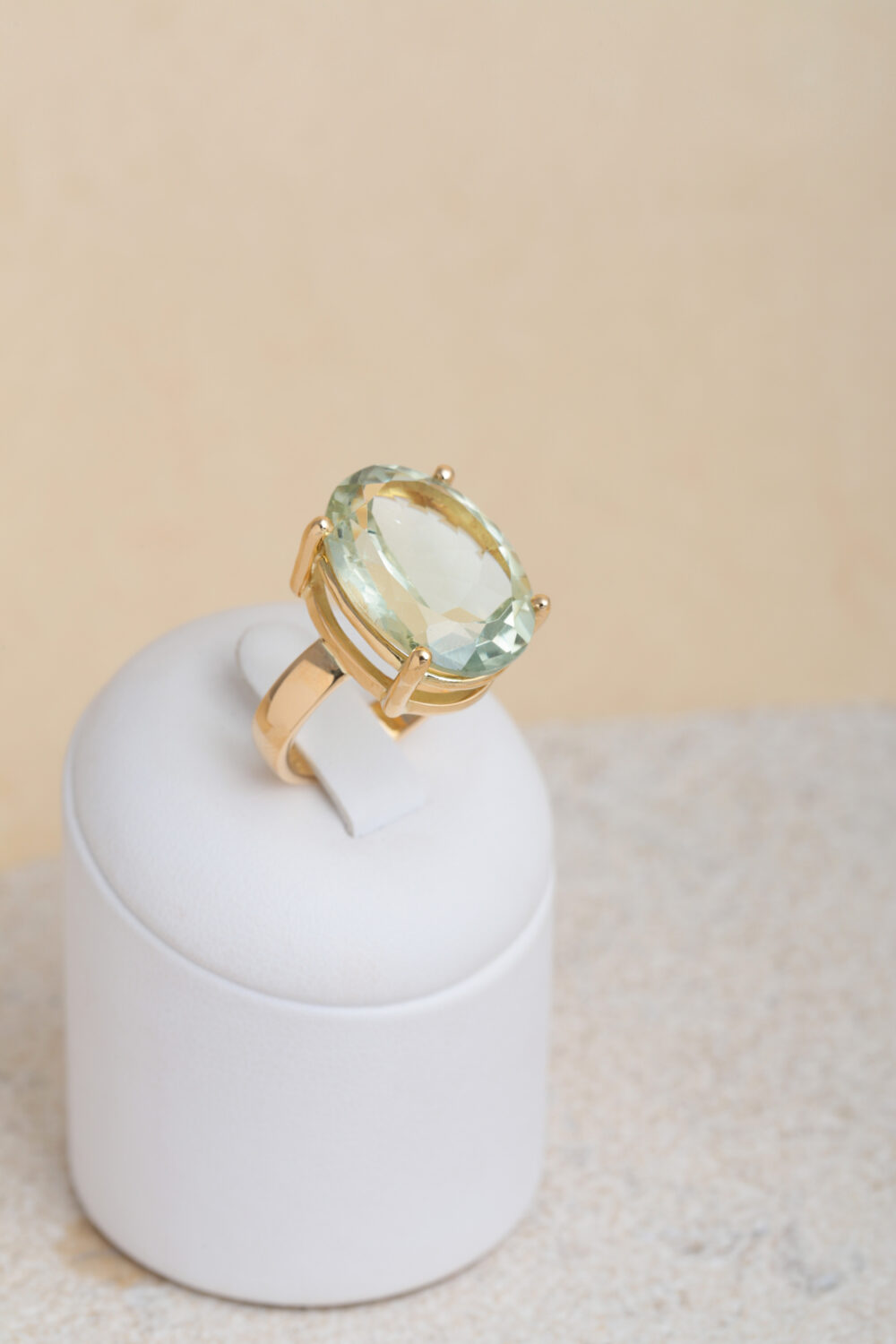 18-karat yellow gold ring set with a prasiolite gemstone. All our jewellery is handmade by jewellery designer Pascale Masselis in our Antwerp based atelier.