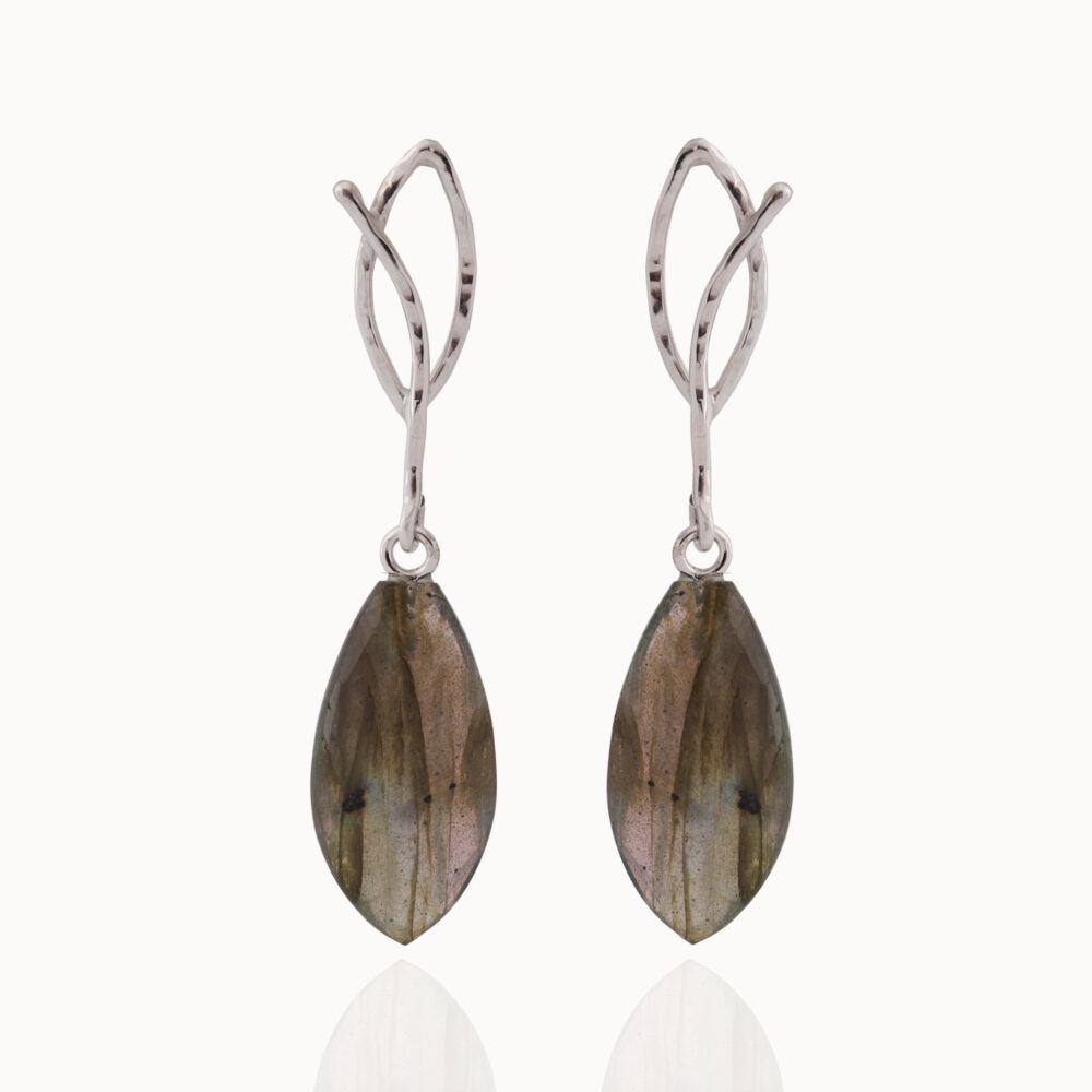 Labradorite earrings crafted from 18-karat white gold set with two labradorite gemstones. Handmade in our Antwerp based atelier.