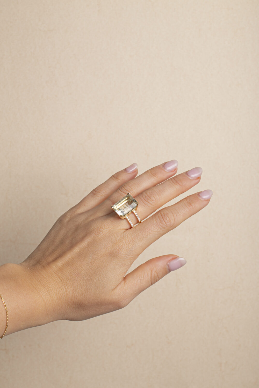 Prasiolith and diamond ring