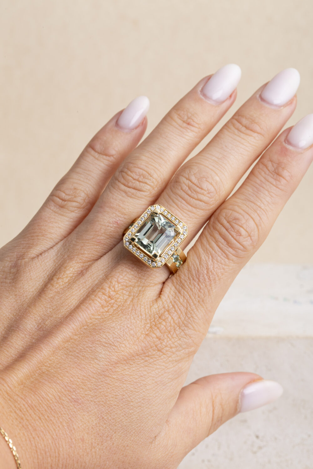 ring with Prasiolite and diamonds